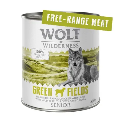 Wolf of Wilderness Green Fields Senior, 800 g. 100% grain-free recipe. Free-range meat. Fresh free-range chicken with lamb, wild berries, korzenie i zioła. Widoczny wilk na etykiecie.