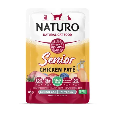 Senior chicken paté cat food, 80% chicken, grain free, omega oils, glucosamine and chondroitin, no nasties, for senior cats aged 7+ years, made in Ireland, 85g pouch.