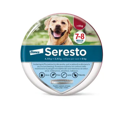 Elanco Seresto collare per cani oltre 8 kg, 4,50 g + 2,03 g, 7-8 mesi di protezione contro zecche, pulci, larve e pidocchi. Prodotto resistente all’acqua, collare grigio, inodore. Elanco Seresto collare per cani oltre 8 kg, 4,50 g + 2,03 g, 7-8 mesi di protezione contro zecche, pulci, larve e pidocchi. Prodotto resistente all’acqua, collare grigio, inodore.