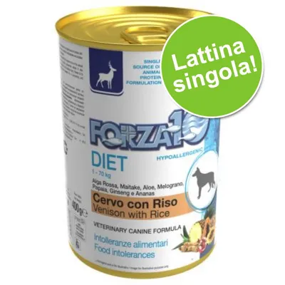 Forza10 Diet Hypoallergenic Cervo con Riso, lattina singola 400 g per cani, intolleranze alimentari. Ingredienti visibili: alga rossa, maitake, aloe, melograno, papaya, ginseng, ananas.