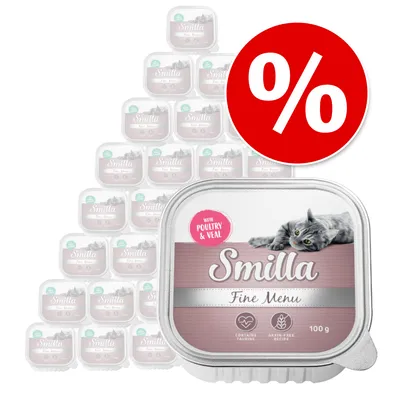 Multipack Smilla Fine Menu 100 g, s textem 'with poultry & veal', 'contains taurine', 'grain-free recipe' a velkým červeným symbolem procenta pro akci nebo slevu.