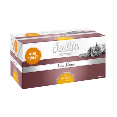 Boîte de nourriture pour chat Smilla Fine Menu, texte visible : With Turkey, Food for a lifetime, with chicken breast & peppers, exquisite filling, 8 x 100 g. Image d’un chat gris.