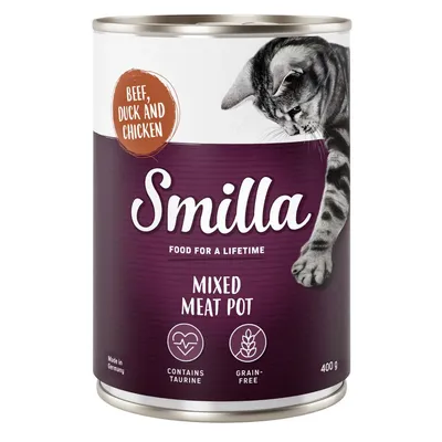 Smilla Mixed Meat Pot, beef, duck and chicken. Contains taurine, grain-free, 400g. Made in Germany.