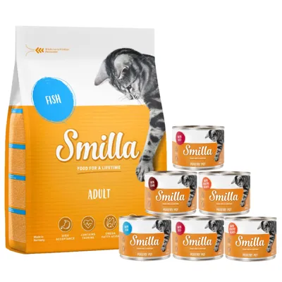 Smilla ração 4 kg + latas 6 x 200 g - Pack misto - 4 kg Adult com peixe + 6 x 200 Pedaços Tenros de aves pack misto