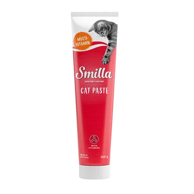 Smilla Cat Paste Multivitamin, tuba 200 g, wyprodukowano w Niemczech, z witaminami. Czerwone opakowanie ze zdjęciem kota.