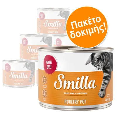 Πακέτο δοκιμής κονσέρβες Smilla Poultry Pot with Beef 200g. Εμφανίζεται γάτα στη συσκευασία και τα λογότυπα 'contains taurine', 'grain-free'. Πακέτο δοκιμής κονσέρβες Smilla Poultry Pot with Beef 200g. Εμφανίζεται γάτα στη συσκευασία και τα λογότυπα 'contains taurine', 'grain-free'.