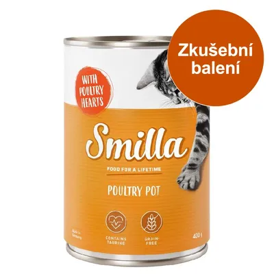 Konzerva Smilla Poultry Pot, 400 g, s nápisy WITH POULTRY HEARTS, CONTAINS TAURINE, GRAIN-FREE a oranžovým štítkem Zkušební balení. Konzerva Smilla Poultry Pot, 400 g, s nápisy WITH POULTRY HEARTS, CONTAINS TAURINE, GRAIN-FREE a oranžovým štítkem Zkušební balení.