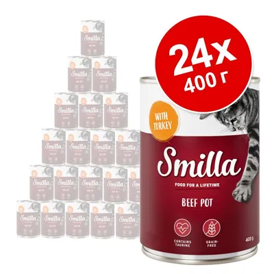 Smilla Beef Pot с пуешко, 24 консерви по 400 г. Видими надписи: WITH TURKEY, CONTAINS TAURINE, GRAIN-FREE. Опаковка с изображение на котка.