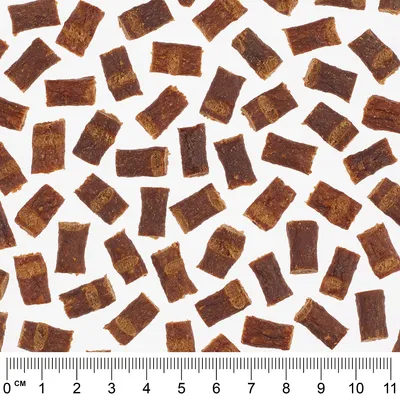 Close-up of brown snack pieces with ruler for size reference, pieces approximately 2-3 cm long.