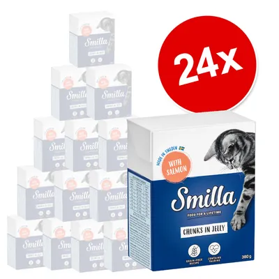 Pack de 24 cajas de Smilla Chunks in Jelly con salmón, 380 g cada una. Texto visible: 'Made in Sweden', 'With Salmon', 'Grain-free recipe', 'Contains taurine'. Imagen de un gato.