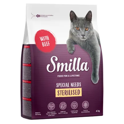 Smilla karma dla kotów sterylizowanych, z wołowiną, zrównoważona zawartość tłuszczu i energii, kwasy omega, zawiera taurynę, Yucca Schidigera, zamykane, 4 kg, Made in Germany.