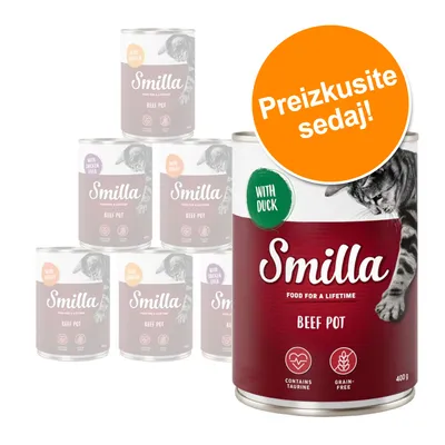 Smilla Beef Pot mačja hrana, pločevinka 400 g z napisom 'WITH DUCK', 'CONTAINS TAURINE', 'GRAIN-FREE' in oranžnim krogom 'Preizkusite sedaj!'. Smilla Beef Pot mačja hrana, pločevinka 400 g z napisom 'WITH DUCK', 'CONTAINS TAURINE', 'GRAIN-FREE' in oranžnim krogom 'Preizkusite sedaj!'.