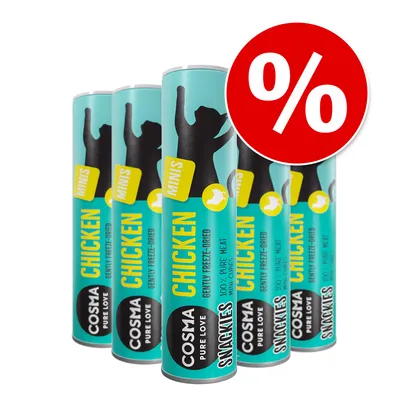 Pachet promoțional Cosma Snackies Minis Chicken, 5 tuburi cu text vizibil: 'CHICKEN', 'MINIS', 'COSMA PURE LOVE', 'SNACKIES', 'GENTLY FREEZE-DRIED', simbol procent roșu.