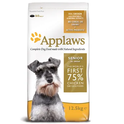 Applaws Senior All Breeds koiran kuivaruoka, 75 % kanaa, ei viljaa, aktiivinen probiootti, 12,5 kg pakkaus. Pussissa schnauzerin kuva.