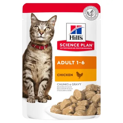 Hill's Science Plan Adult 1-6 chicken chunks and gravy, no artificial preservatives, flavours or colours, shown on product pouch with food pieces visible.