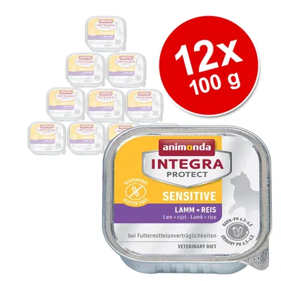 animonda INTEGRA PROTECT SENSITIVE Lamm + Reis, sans gluten, lot de 12 barquettes de 100 g, texte en allemand sur l’emballage animonda INTEGRA PROTECT SENSITIVE Lamm + Reis, sans gluten, lot de 12 barquettes de 100 g, texte en allemand sur l’emballage
