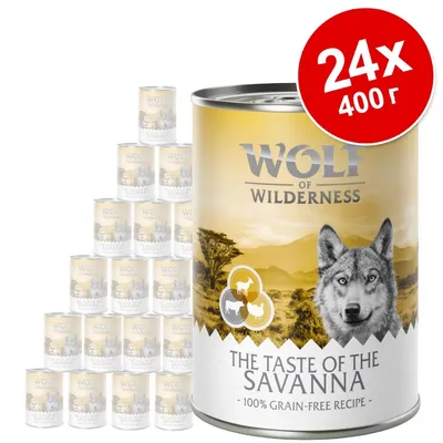 Wolf of Wilderness The Taste of the Savanna, 24×400 г консерви. Видимо: 100% grain-free recipe. Опаковка с жълт фон и животински силуети. Wolf of Wilderness The Taste of the Savanna, 24×400 г консерви. Видимо: 100% grain-free recipe. Опаковка с жълт фон и животински силуети.