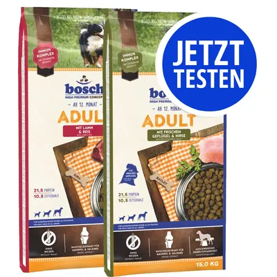 bosch Adult Hundefutter, Varianten mit Lamm & Reis und frischem Geflügel & Hirse, Protein- und Fettgehalt angegeben, ohne Weizen, Muschelextrakt für Gelenke. Jetzt testen.