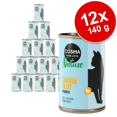 Cosma Pure Love Nature Chicken Fillet in Broth, 12x140 g burkar kattmat. Text: 100% natural ingredients. Bild på staplade burkar och en stor burk i förgrunden.
