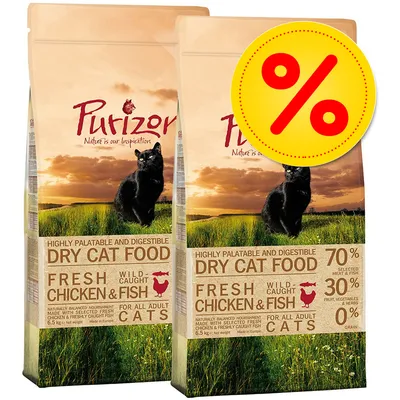 Purizon Dry Cat Food, Fresh Chicken & Fish, 2 x 6,5 kg pakkaukset. Teksti: 70 % lihaa ja kalaa, 30 % kasviksia ja yrttejä, 0 % viljaa. Tarjousmerkki prosenttimerkillä. Purizon Dry Cat Food, Fresh Chicken & Fish, 2 x 6,5 kg pakkaukset. Teksti: 70 % lihaa ja kalaa, 30 % kasviksia ja yrttejä, 0 % viljaa. Tarjousmerkki prosenttimerkillä.