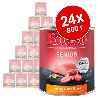 Rocco Senior, Poultry & oat flakes, 24×800 г консерви. Видими са парчета месо и овесени ядки на етикета. Текст: Supporting Power & Vitality.