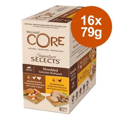Wellness CORE Signature Selects Shredded Selection multipak dla dorosłych kotów, 16x79g. Naturalne, bezzbożowe, wysokobiałkowe receptury z kurczakiem i indykiem w sosie. Wellness CORE Signature Selects Shredded Selection multipak dla dorosłych kotów, 16x79g. Naturalne, bezzbożowe, wysokobiałkowe receptury z kurczakiem i indykiem w sosie.