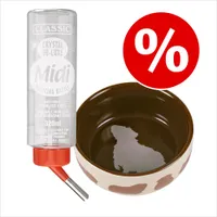 Drickflaska Classic Crystal De-Luxe Midi 320 ml med text och matskål i keramik med djursilhuett, röd procent-symbol för rabatt.