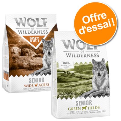 Offre d'essai Wolf of Wilderness Senior 2 x 1 kg pour chien lot mixte : Green Fields, agneau + Soft Wide Acres, poulet
