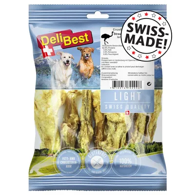 DeliBest Light Swiss Quality, friandises pour chien, 82,5 % protéines, 6,2 % matières grasses, 4,6 % cendres brutes, 8,5 % humidité, sans gluten, 100 % naturel, fabriqué en Suisse.