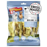 DeliBest LIGHT Swiss Quality Straußensehnen, fett- und cholesterinarm, glutenfrei, 100% natürlich, SWISS-MADE, Analyse: 82,5% Protein, 6,2% Fett, 4,6% Rohasche, 8,5% Feuchtigkeit.