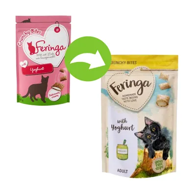 Image showing packaging change for Feringa Crunchy Bites with yoghurt, highlighting the old and new designs side by side with an arrow indicating the update.