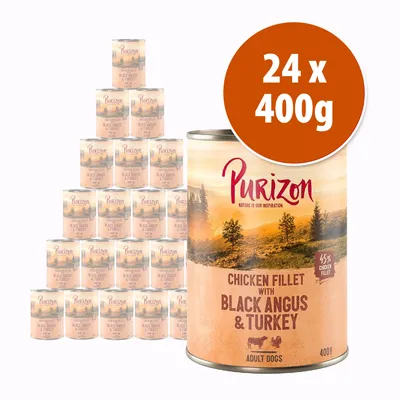 Pack de 24 latas de 400 g Purizon Chicken Fillet with Black Angus & Turkey para perros adultos. Texto visible: 45% chicken fillet, 400g. Pack de 24 latas de 400 g Purizon Chicken Fillet with Black Angus & Turkey para perros adultos. Texto visible: 45% chicken fillet, 400g.
