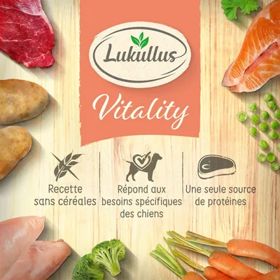 Lukullus Vitality. Recette sans céréales. Répond aux besoins spécifiques des chiens. Une seule source de protéines. Ingrédients visibles : viande, poisson, pommes de terre, légumes.
