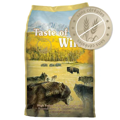 Sac Taste of the Wild High Prairie Canine Formula with Roasted Bison & Roasted Venison, texte visible : sans céréales. Illustration de bisons et loups sur l’emballage.