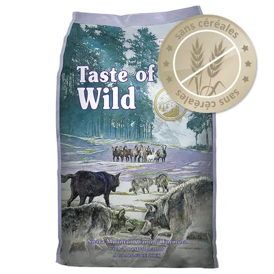 Sac Taste of Wild Sierra Mountain Canine Formula with Roasted Lamb, texte visible « sans céréales » sur un badge rond en haut à droite.