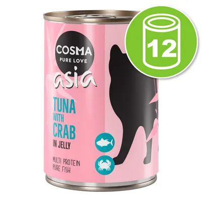 Cosma Pure Love Asia TUNA WITH CRAB IN JELLY, multi protein pure fish, boîte rose avec silhouette de chat, lot de 12 indiqué dans un cercle vert. Cosma Pure Love Asia TUNA WITH CRAB IN JELLY, multi protein pure fish, boîte rose avec silhouette de chat, lot de 12 indiqué dans un cercle vert.