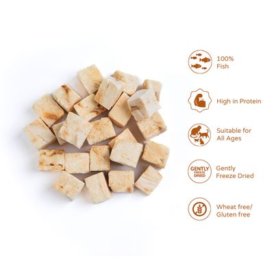 Freeze dried fish cubes with feature icons: 100% fish, high in protein, suitable for all ages, gently freeze dried, wheat free and gluten free.