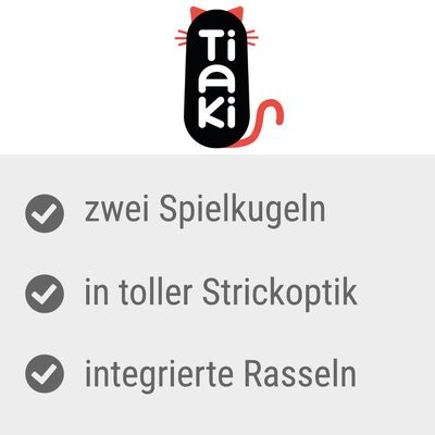 Tiaki, deux balles de jeu, en joli aspect tricoté, hochets intégrés. Texte en allemand.