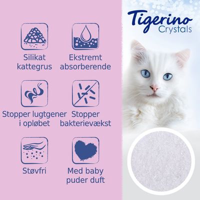 Tigerino Crystals silikat kattegrus, ekstremt absorberende, stopper lugtgener i opløbet, stopper bakterievækst, støvfri, med baby puder duft. Billede af gruset nederst.