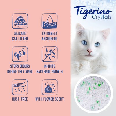 Tigerino Crystals silicat kattenbakvulling, extreem absorberend, voorkomt geurtjes, remt bacteriegroei, stofvrij, met bloemengeur. Engelstalige tekst zichtbaar.