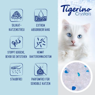Tigerino Crystals Silikat-Katzenstreu: extrem absorbierfähig, stoppt Gerüche bevor sie entstehen, hemmt Bakterienwachstum, staubfrei, parfümfrei für sensible Katzen.