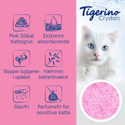 Tigerino Crystals pink silikat kattegrus, ekstremt absorberende, stopper lugtgener, hæmmer bakterievækst, støvfri, parfumefri for sensitive katte. Rundt billede af pink grus.