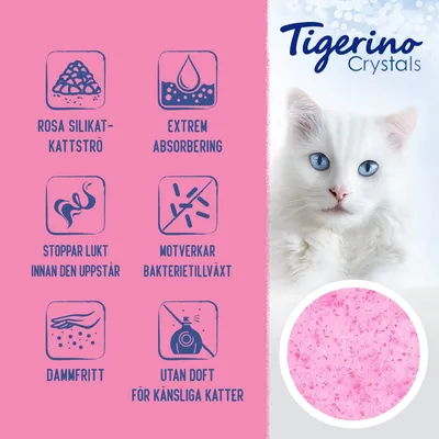Tigerino Crystals rosa silikatkattströ: extrem absorbering, stoppar lukt innan den uppstår, motverkar bakterietillväxt, dammfritt, utan doft för känsliga katter.