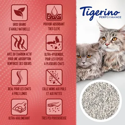Tigerino Performance. Gros grains d’argile naturelle, pouvoir absorbant très élevé, charbon actif, ultra-hygiénique, idéal poils longs, colle moins, ultra agglomérant, très peu poussiéreuse.