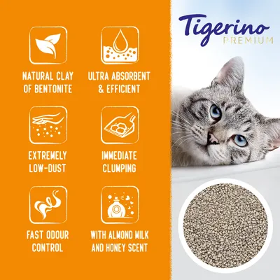 Tigerino Premium kattenbakvulling. Tekst in het Engels: natural clay of bentonite, ultra absorbent & efficient, extremely low-dust, immediate clumping, fast odour control, with almond milk and honey scent.