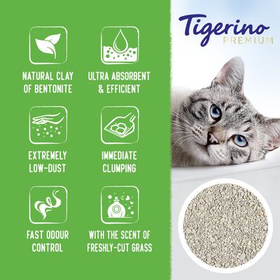 Tigerino Premium kattenbakvulling, natural clay of bentonite, ultra absorbent & efficient, extremely low-dust, immediate clumping, fast odour control, with the scent of freshly-cut grass.