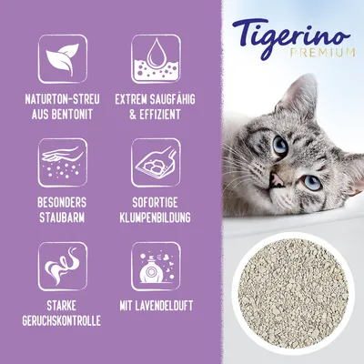 Tigerino Premium Katzenstreu aus Bentonit mit Lavendelduft. Eigenschaften: extrem saugfähig, staubarm, starke Geruchskontrolle, sofortige Klumpenbildung.