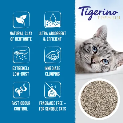 Tigerino Premium kattenbakvulling. Zichtbare claims: natuurlijke bentonietklei, ultra absorberend, extreem stofarm, directe klontvorming, snelle geurbestrijding, geurvrij voor gevoelige katten.