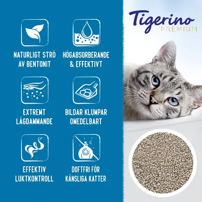Tigerino Premium. Naturligt strö av bentonit, högabsorberande & effektivt, extremt lågdammande, bildar klumpar omedelbart, effektiv luktkontroll, doftfri för känsliga katter.