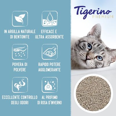 Tigerino Premium lettiera per gatti: in argilla naturale di bentonite, efficace e ultra assorbente, povera di polvere, rapido potere agglomerante, eccellente controllo odori, profumo rosa d’inverno.